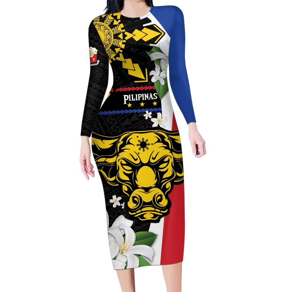 Personalised Philippines Carabao Family Matching Long Sleeve Bodycon Dress and Hawaiian Shirt Filipino Sun Mix Sampaguita Flower