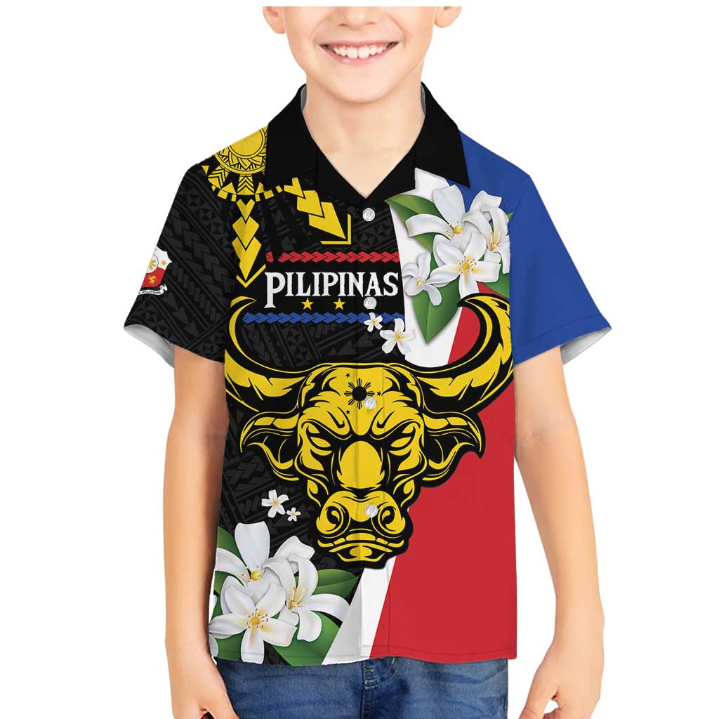Personalised Philippines Carabao Family Matching Mermaid Dress and Hawaiian Shirt Filipino Sun Mix Sampaguita Flower LT14 Son's Shirt Black - Polynesian Pride