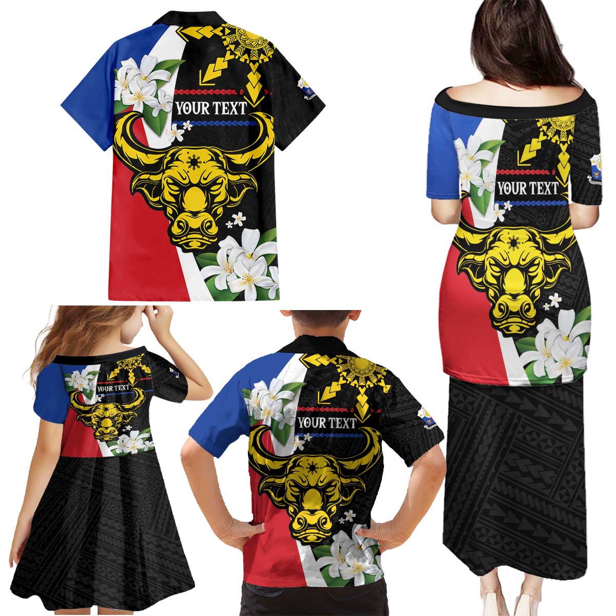 Personalised Philippines Carabao Family Matching Puletasi and Hawaiian Shirt Filipino Sun Mix Sampaguita Flower LT14 - Polynesian Pride