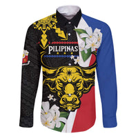 Personalised Philippines Carabao Family Matching Puletasi and Hawaiian Shirt Filipino Sun Mix Sampaguita Flower LT14 Dad's Shirt - Long Sleeve Black - Polynesian Pride