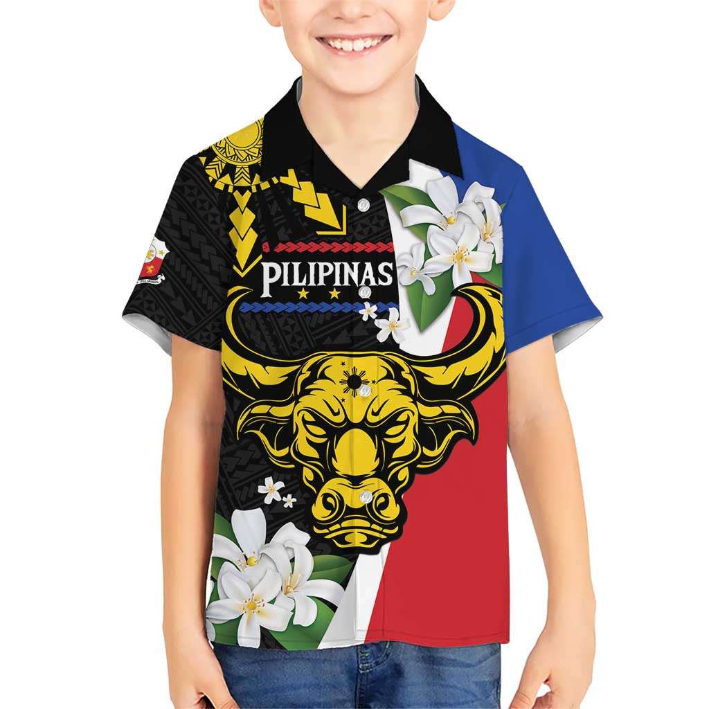 Personalised Philippines Carabao Kid Hawaiian Shirt Filipino Sun Mix Sampaguita Flower LT14 Kid Black - Polynesian Pride