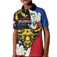 Personalised Philippines Carabao Kid Polo Shirt Filipino Sun Mix Sampaguita Flower LT14 Kid Black - Polynesian Pride