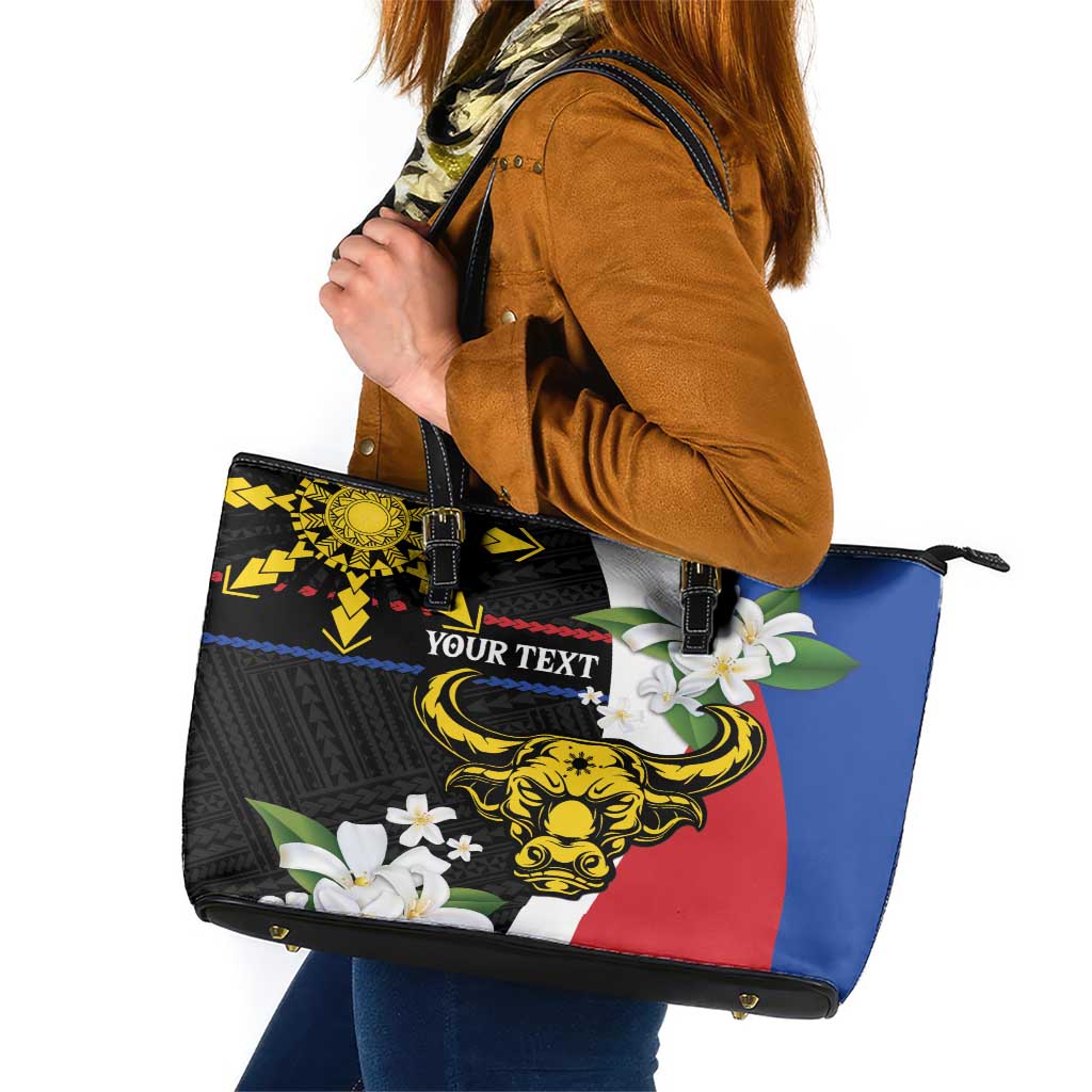 Personalised Philippines Carabao Leather Tote Bag Filipino Sun Mix Sampaguita Flower LT14 Black - Polynesian Pride