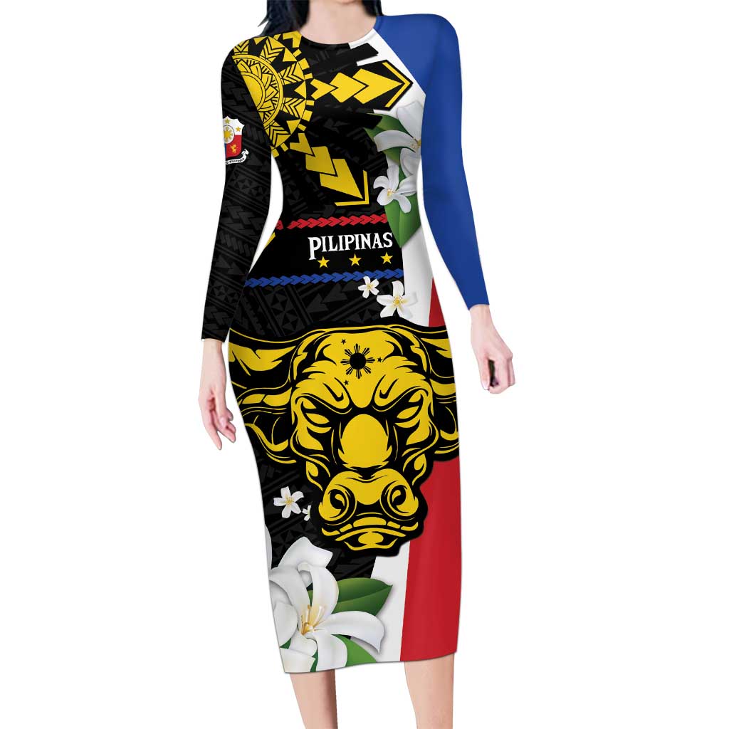 Personalised Philippines Carabao Long Sleeve Bodycon Dress Filipino Sun Mix Sampaguita Flower LT14 Long Dress Black - Polynesian Pride