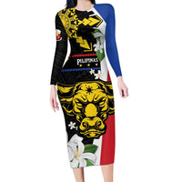 Personalised Philippines Carabao Long Sleeve Bodycon Dress Filipino Sun Mix Sampaguita Flower LT14 Long Dress Black - Polynesian Pride