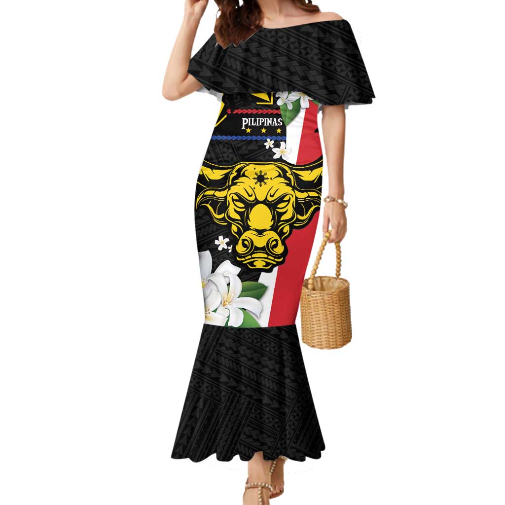 Personalised Philippines Carabao Mermaid Dress Filipino Sun Mix Sampaguita Flower LT14 Women Black - Polynesian Pride