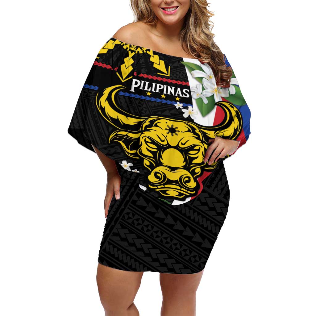 Personalised Philippines Carabao Off Shoulder Short Dress Filipino Sun Mix Sampaguita Flower LT14 Women Black - Polynesian Pride