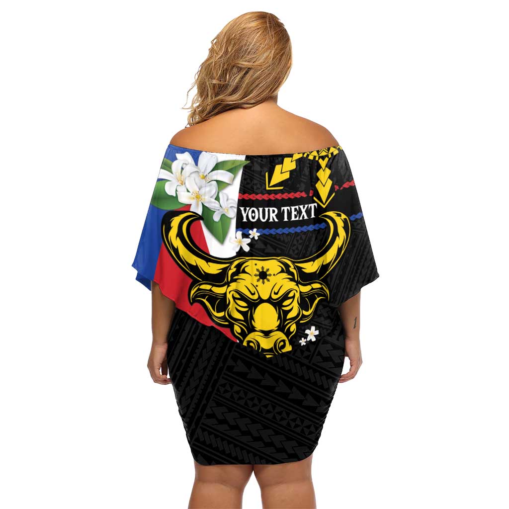 Personalised Philippines Carabao Off Shoulder Short Dress Filipino Sun Mix Sampaguita Flower LT14 - Polynesian Pride