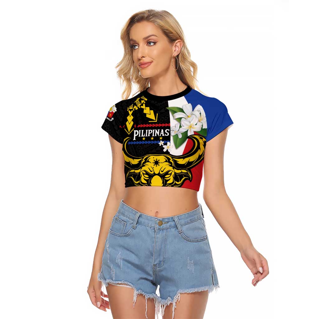 Personalised Philippines Carabao Raglan Cropped T Shirt Filipino Sun Mix Sampaguita Flower LT14 Female Black - Polynesian Pride