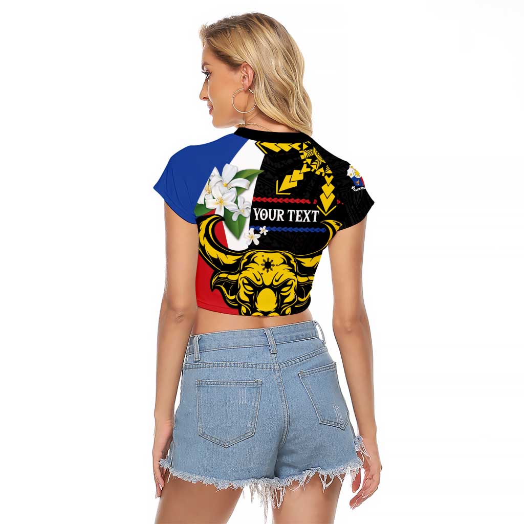 Personalised Philippines Carabao Raglan Cropped T Shirt Filipino Sun Mix Sampaguita Flower LT14 - Polynesian Pride