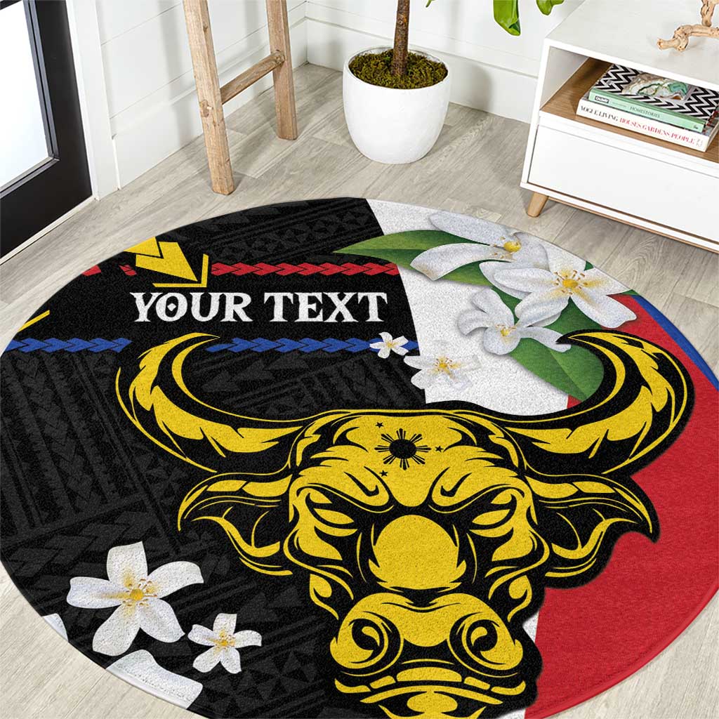 Personalised Philippines Carabao Round Carpet Filipino Sun Mix Sampaguita Flower LT14 Black - Polynesian Pride