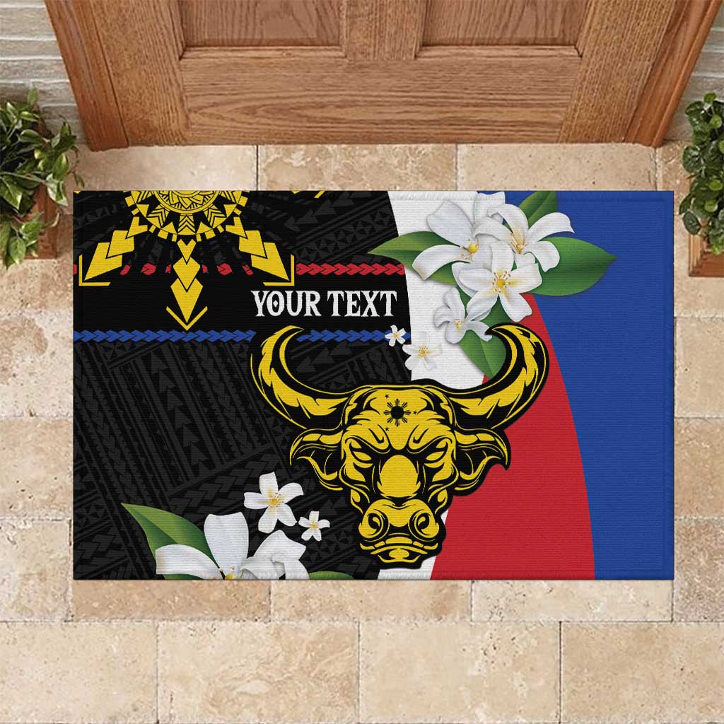 Personalised Philippines Carabao Rubber Doormat Filipino Sun Mix Sampaguita Flower LT14 Black - Polynesian Pride