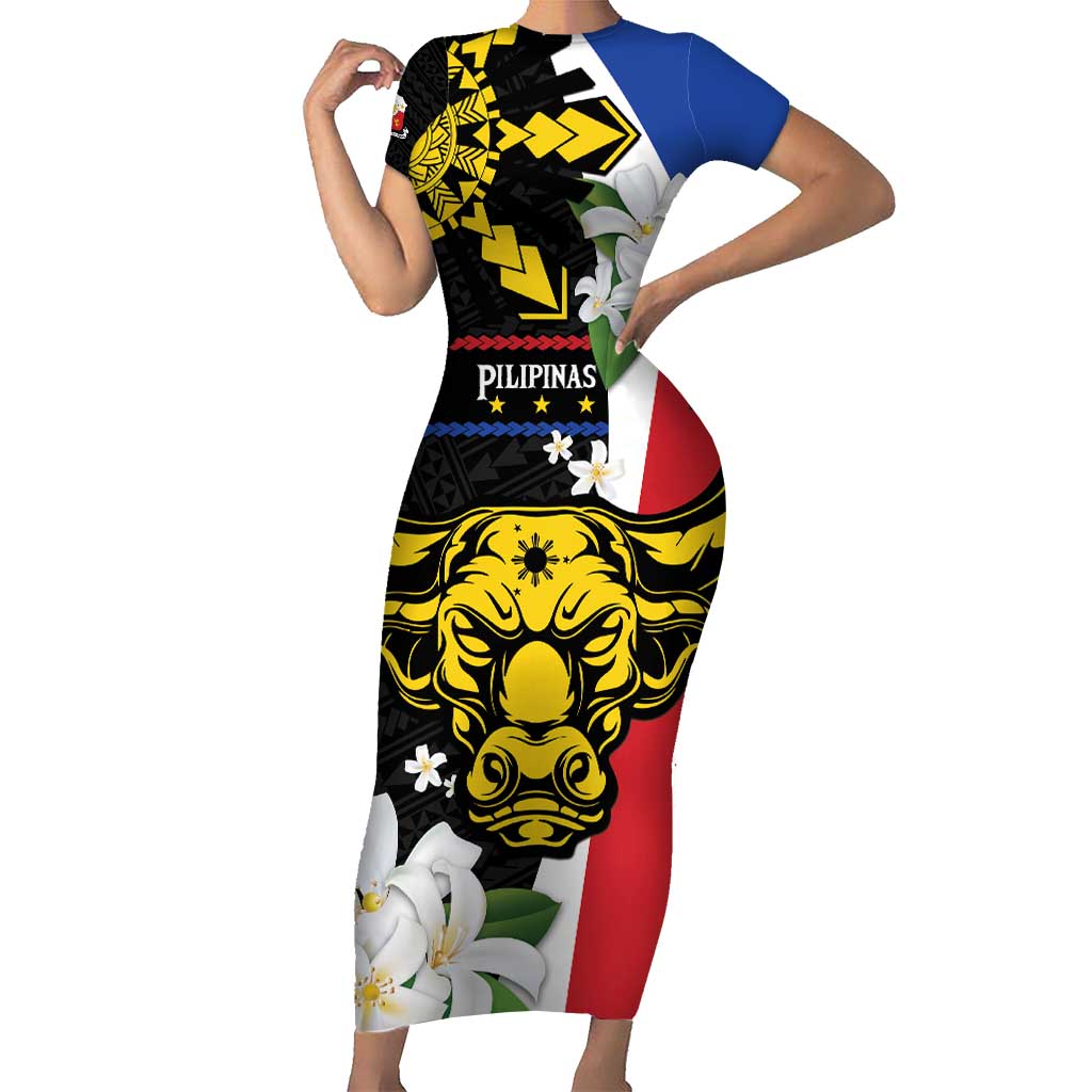 Personalised Philippines Carabao Short Sleeve Bodycon Dress Filipino Sun Mix Sampaguita Flower LT14 Long Dress Black - Polynesian Pride
