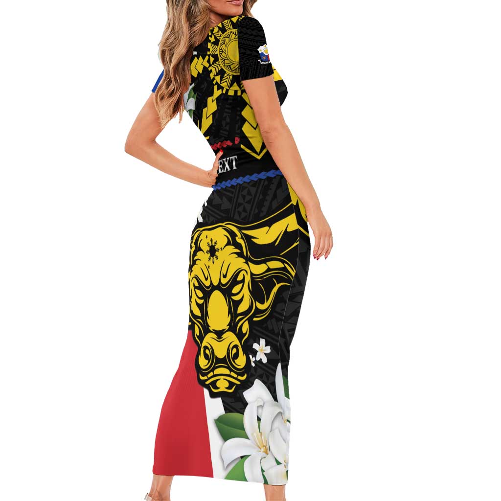 Personalised Philippines Carabao Short Sleeve Bodycon Dress Filipino Sun Mix Sampaguita Flower LT14 - Polynesian Pride