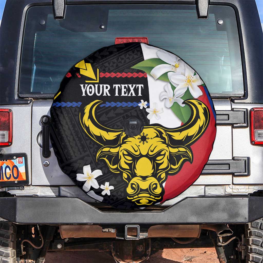 Personalised Philippines Carabao Spare Tire Cover Filipino Sun Mix Sampaguita Flower LT14 Black - Polynesian Pride