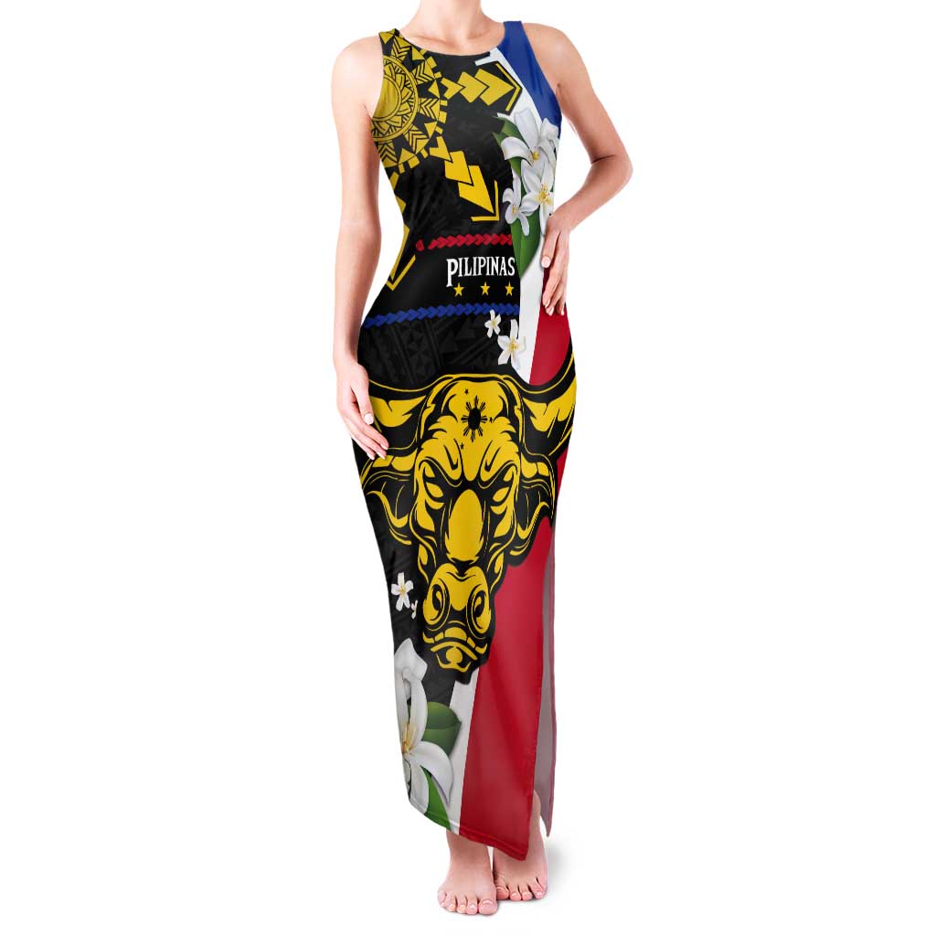 Personalised Philippines Carabao Tank Maxi Dress Filipino Sun Mix Sampaguita Flower LT14 Women Black - Polynesian Pride