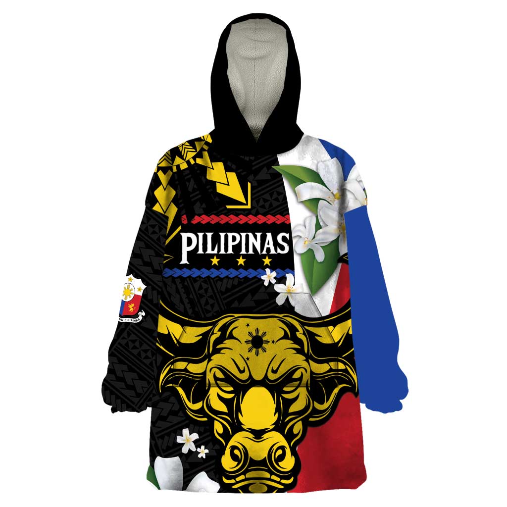 Personalised Philippines Carabao Wearable Blanket Hoodie Filipino Sun Mix Sampaguita Flower LT14 One Size Black - Polynesian Pride
