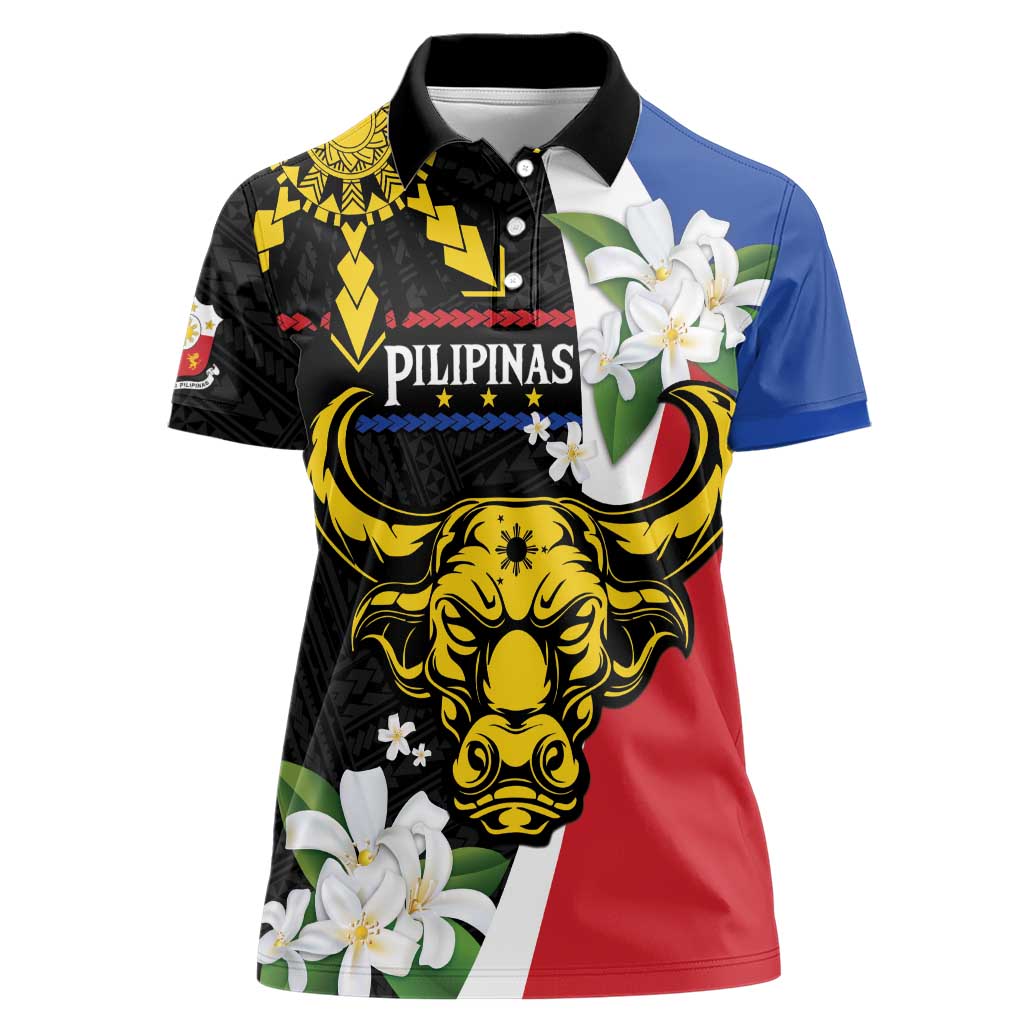 Personalised Philippines Carabao Women Polo Shirt Filipino Sun Mix Sampaguita Flower LT14 Female Black - Polynesian Pride