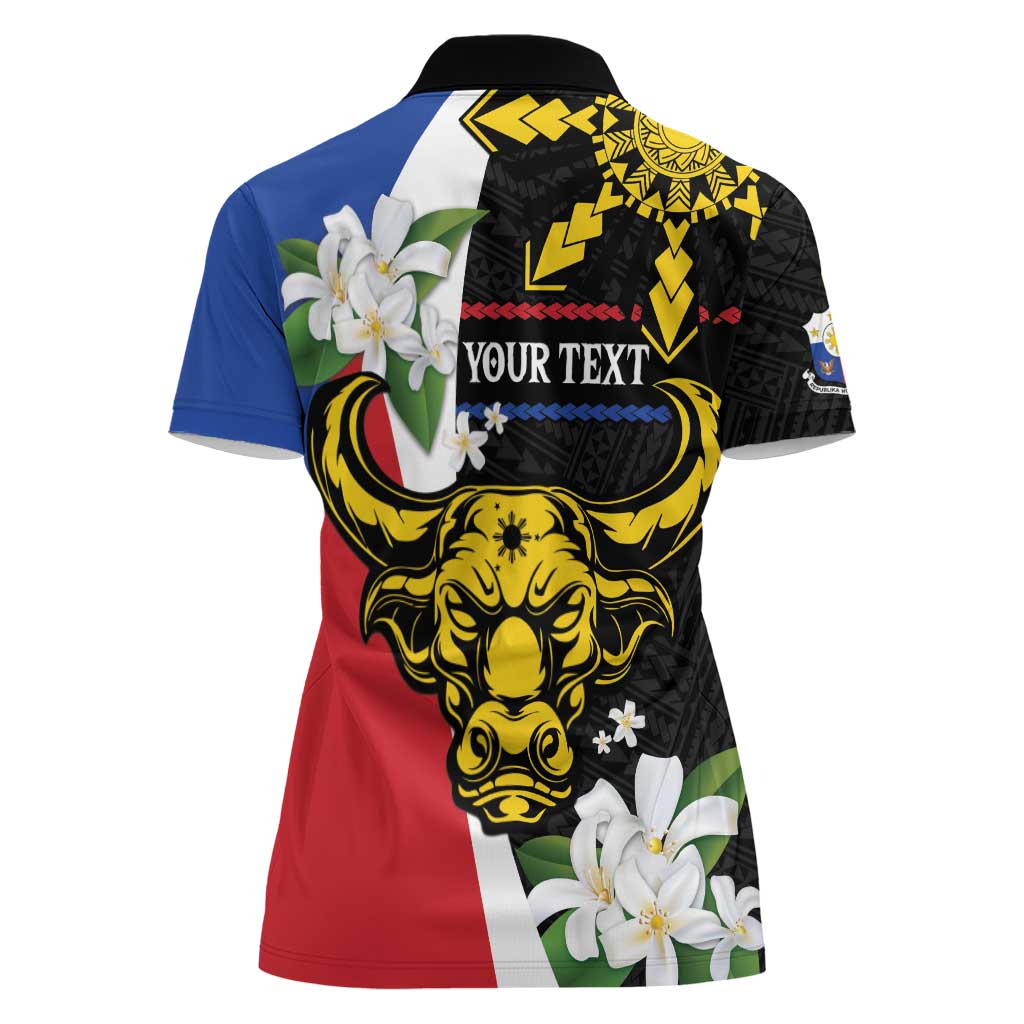 Personalised Philippines Carabao Women Polo Shirt Filipino Sun Mix Sampaguita Flower LT14 - Polynesian Pride