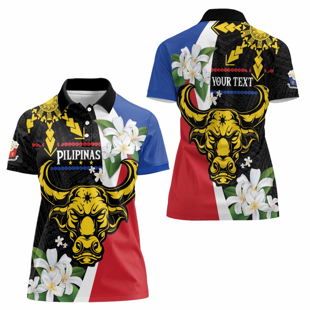 Personalised Philippines Carabao Women Polo Shirt Filipino Sun Mix Sampaguita Flower LT14 - Polynesian Pride