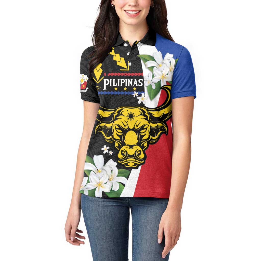 Personalised Philippines Carabao Women Polo Shirt Filipino Sun Mix Sampaguita Flower LT14 - Polynesian Pride