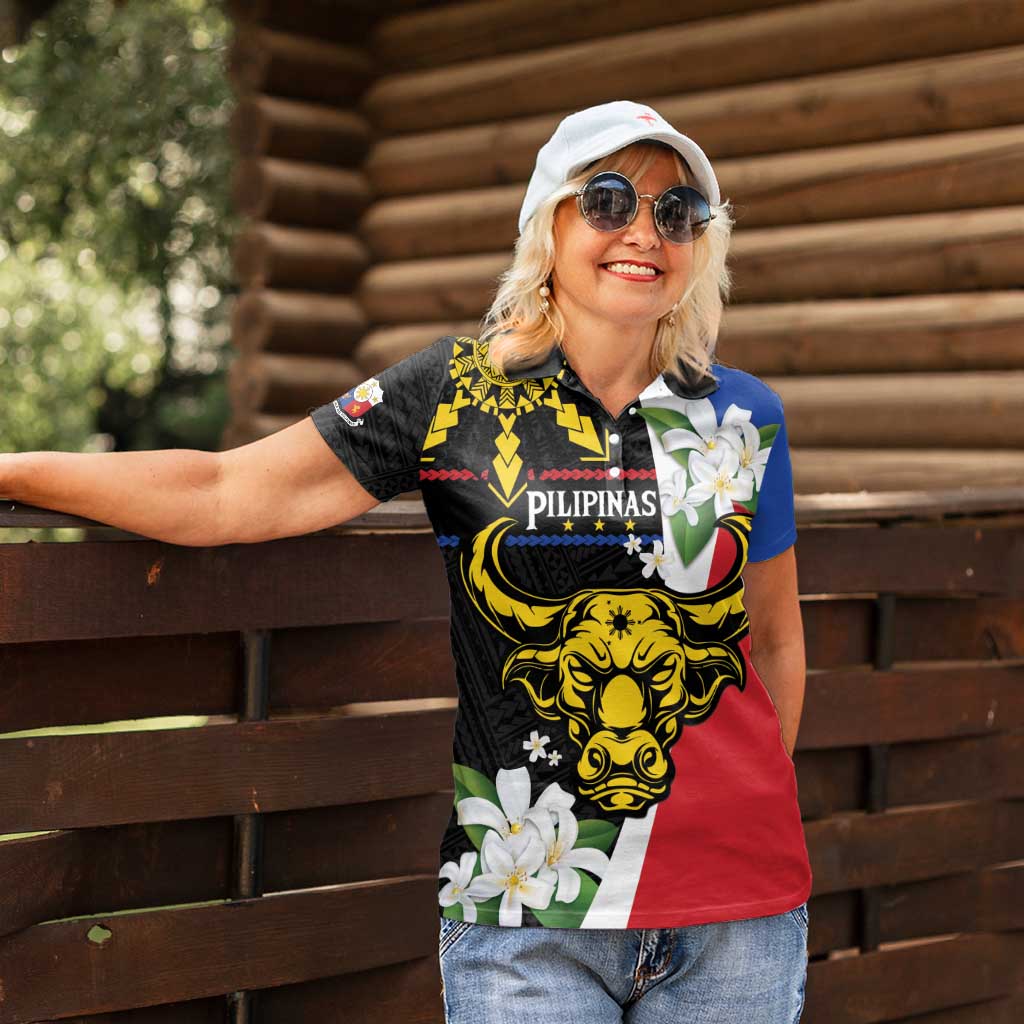 Personalised Philippines Carabao Women Polo Shirt Filipino Sun Mix Sampaguita Flower LT14 - Polynesian Pride