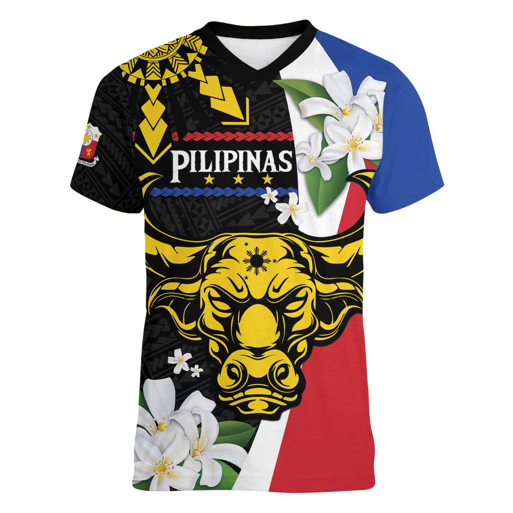 Personalised Philippines Carabao Women V-Neck T-Shirt Filipino Sun Mix Sampaguita Flower LT14 Female Black - Polynesian Pride