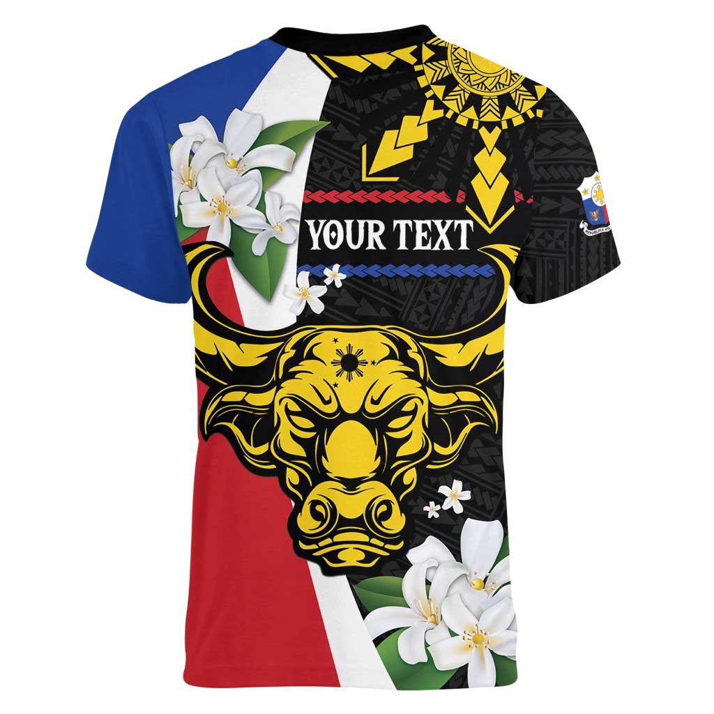 Personalised Philippines Carabao Women V-Neck T-Shirt Filipino Sun Mix Sampaguita Flower LT14 - Polynesian Pride
