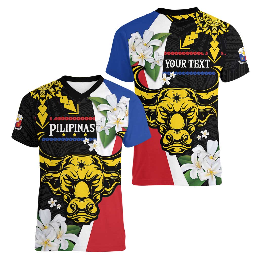 Personalised Philippines Carabao Women V-Neck T-Shirt Filipino Sun Mix Sampaguita Flower LT14 - Polynesian Pride