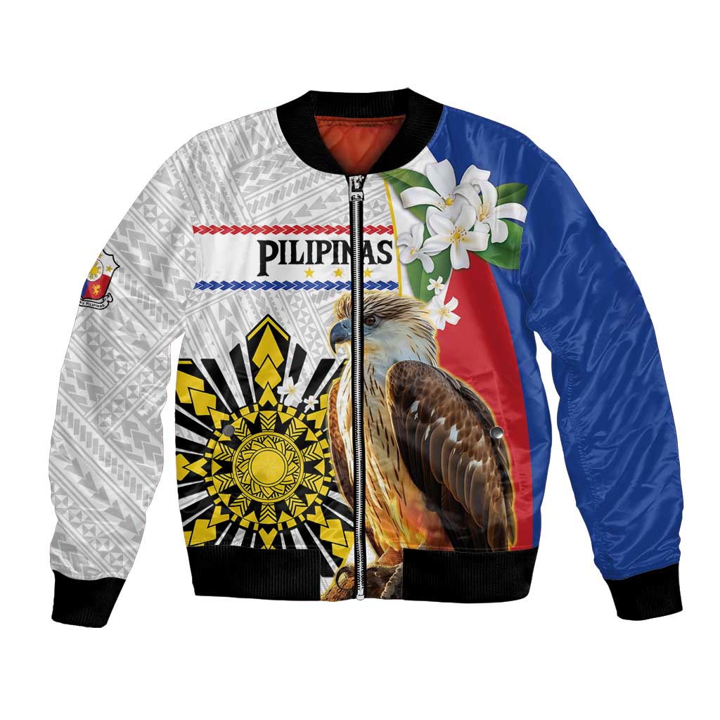 Personalised Philippines Eagle Bomber Jacket Filipino Sun Mix Sampaguita Flower