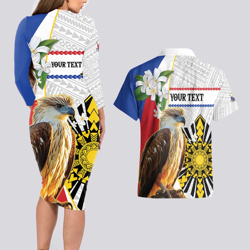 Personalised Philippines Eagle Couples Matching Long Sleeve Bodycon Dress and Hawaiian Shirt Filipino Sun Mix Sampaguita Flower LT14 - Polynesian Pride