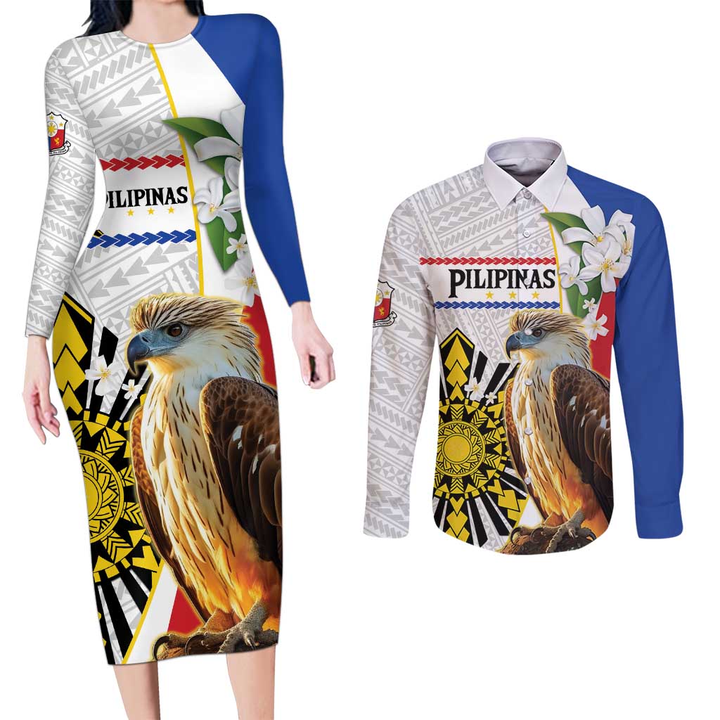 Personalised Philippines Eagle Couples Matching Long Sleeve Bodycon Dress and Long Sleeve Button Shirt Filipino Sun Mix Sampaguita Flower LT14 White - Polynesian Pride