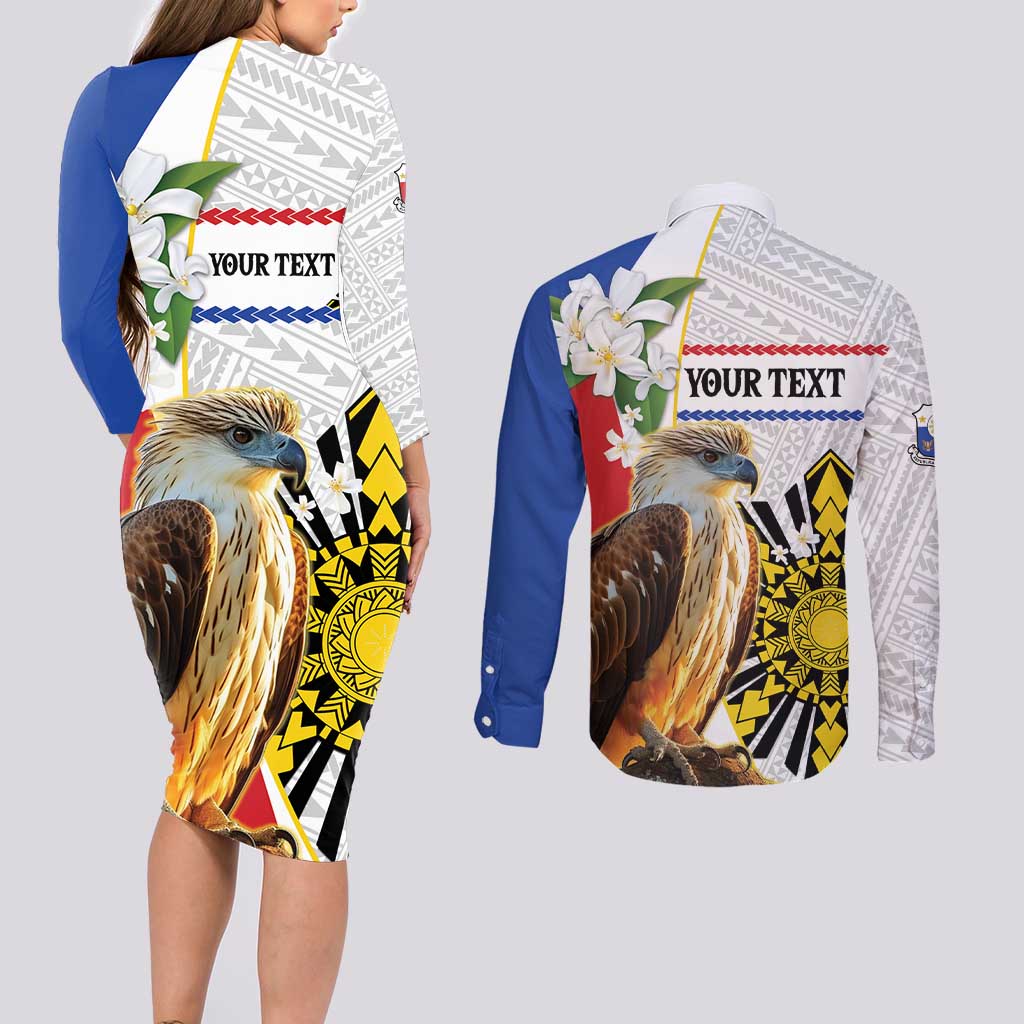 Personalised Philippines Eagle Couples Matching Long Sleeve Bodycon Dress and Long Sleeve Button Shirt Filipino Sun Mix Sampaguita Flower LT14 - Polynesian Pride