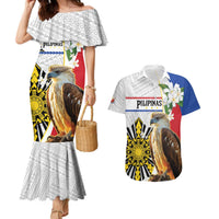 Personalised Philippines Eagle Couples Matching Mermaid Dress and Hawaiian Shirt Filipino Sun Mix Sampaguita Flower LT14 White - Polynesian Pride