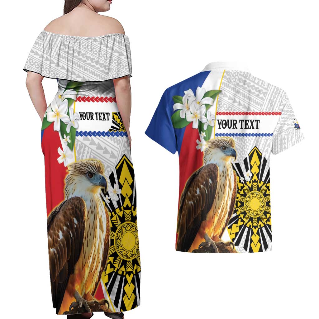 Personalised Philippines Eagle Couples Matching Off Shoulder Maxi Dress and Hawaiian Shirt Filipino Sun Mix Sampaguita Flower LT14 - Polynesian Pride