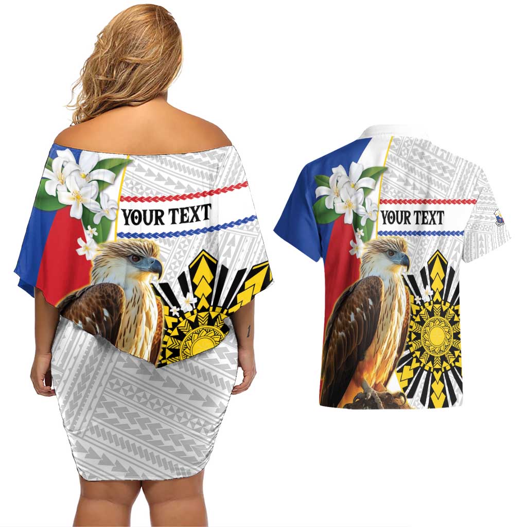 Personalised Philippines Eagle Couples Matching Off Shoulder Short Dress and Hawaiian Shirt Filipino Sun Mix Sampaguita Flower LT14 - Polynesian Pride