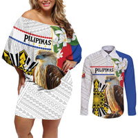 Personalised Philippines Eagle Couples Matching Off Shoulder Short Dress and Long Sleeve Button Shirt Filipino Sun Mix Sampaguita Flower LT14 White - Polynesian Pride