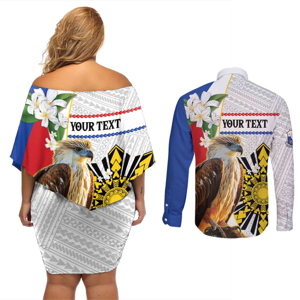 Personalised Philippines Eagle Couples Matching Off Shoulder Short Dress and Long Sleeve Button Shirt Filipino Sun Mix Sampaguita Flower LT14 - Polynesian Pride