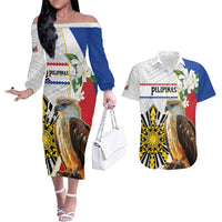 Personalised Philippines Eagle Couples Matching Off The Shoulder Long Sleeve Dress and Hawaiian Shirt Filipino Sun Mix Sampaguita Flower LT14 White - Polynesian Pride
