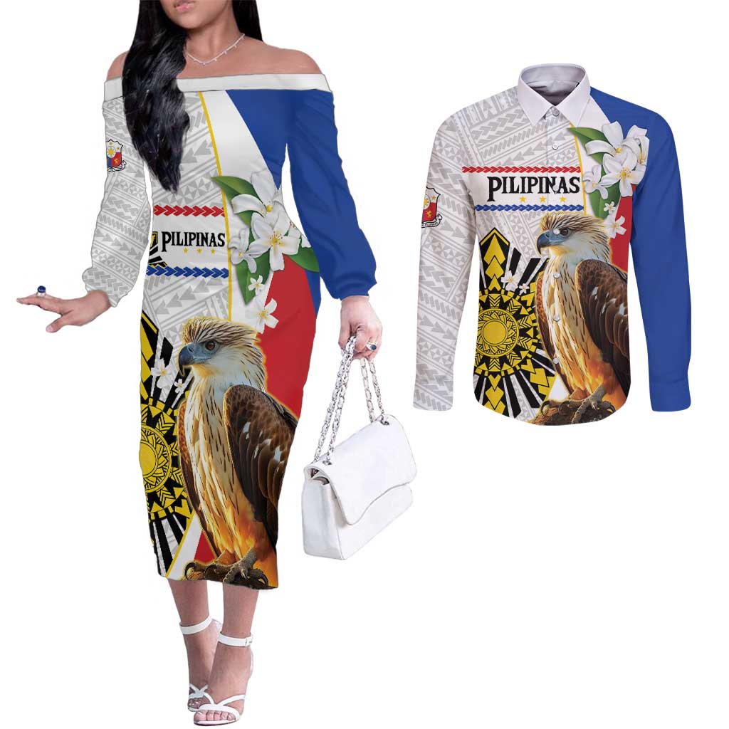 Personalised Philippines Eagle Couples Matching Off The Shoulder Long Sleeve Dress and Long Sleeve Button Shirt Filipino Sun Mix Sampaguita Flower LT14 White - Polynesian Pride
