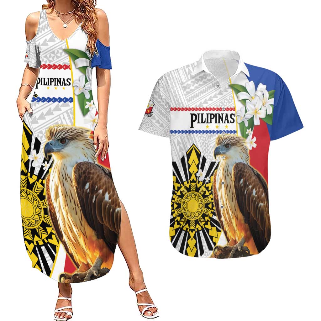 Personalised Philippines Eagle Couples Matching Summer Maxi Dress and Hawaiian Shirt Filipino Sun Mix Sampaguita Flower LT14 White - Polynesian Pride