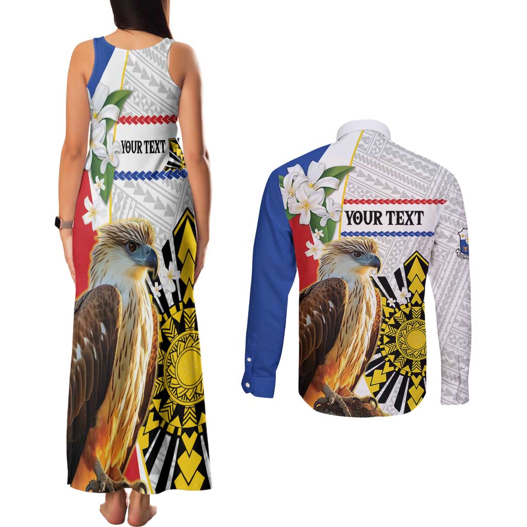 Personalised Philippines Eagle Couples Matching Tank Maxi Dress and Long Sleeve Button Shirt Filipino Sun Mix Sampaguita Flower LT14 - Polynesian Pride