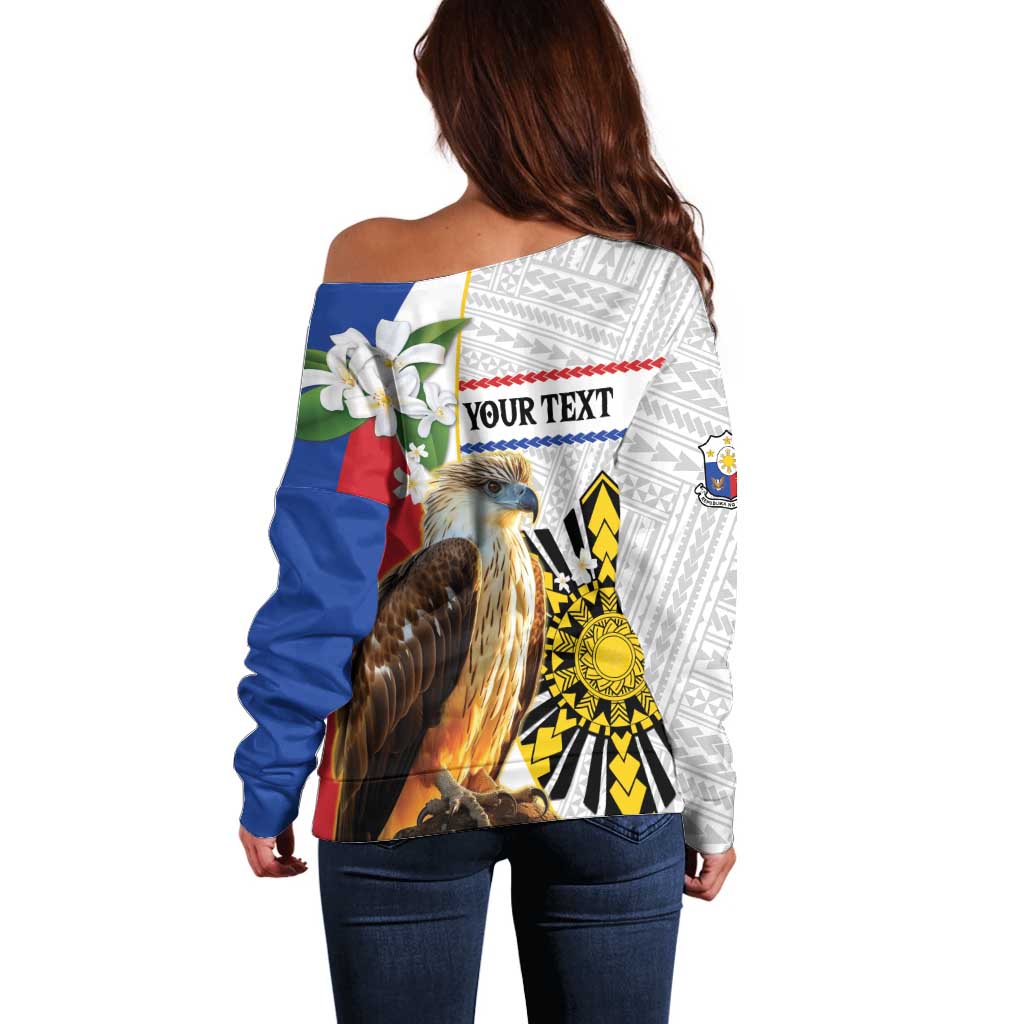 Personalised Philippines Eagle Off Shoulder Sweater Filipino Sun Mix Sampaguita Flower