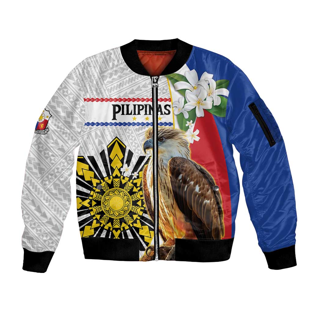 Personalised Philippines Eagle Sleeve Zip Bomber Jacket Filipino Sun Mix Sampaguita Flower