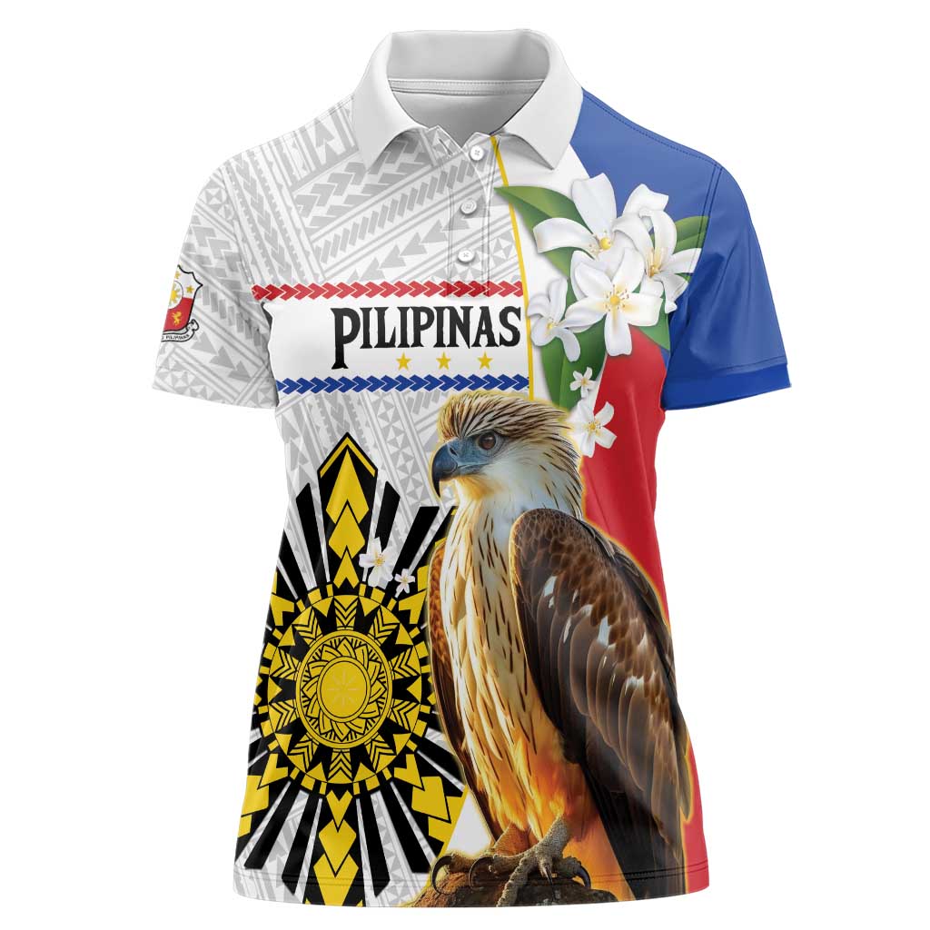 Personalised Philippines Eagle Women Polo Shirt Filipino Sun Mix Sampaguita Flower