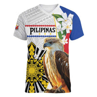 Personalised Philippines Eagle Women V-Neck T-Shirt Filipino Sun Mix Sampaguita Flower