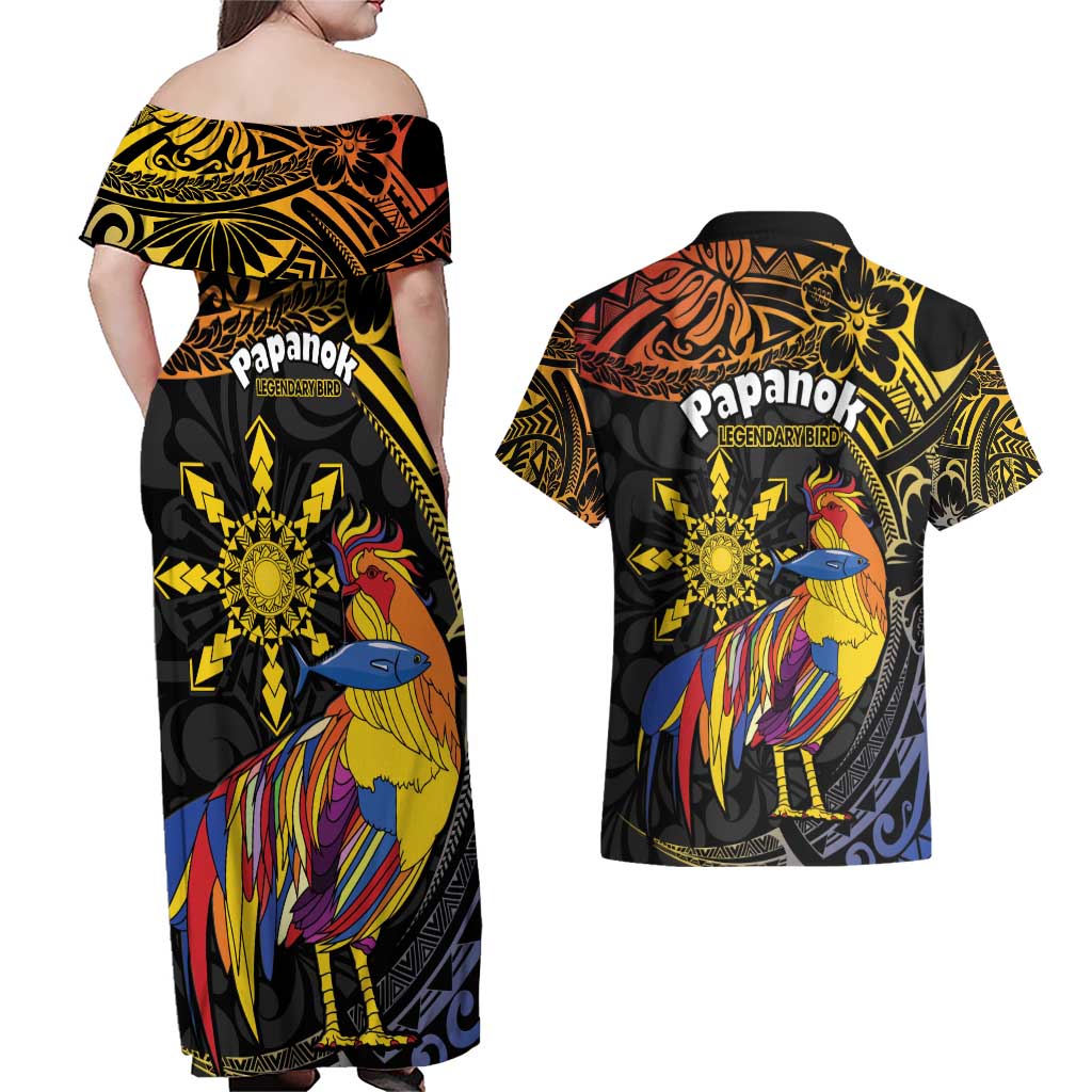 Philippines Sarimanok Couples Matching Off Shoulder Maxi Dress and Hawaiian Shirt Papanok Legendary Bird Okir Polynesian Pattern LT14 - Polynesian Pride