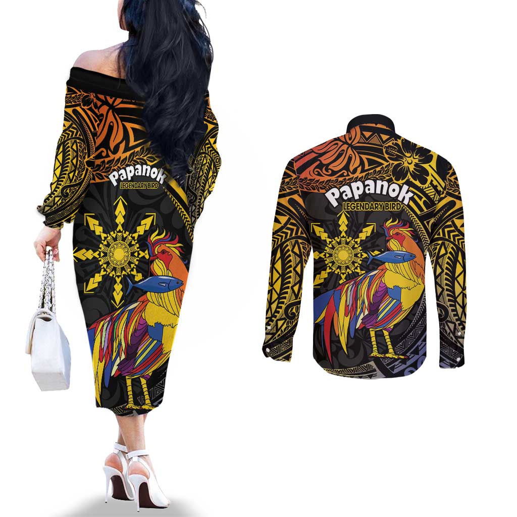 Philippines Sarimanok Couples Matching Off The Shoulder Long Sleeve Dress and Long Sleeve Button Shirt Papanok Legendary Bird Okir Polynesian Pattern LT14 - Polynesian Pride