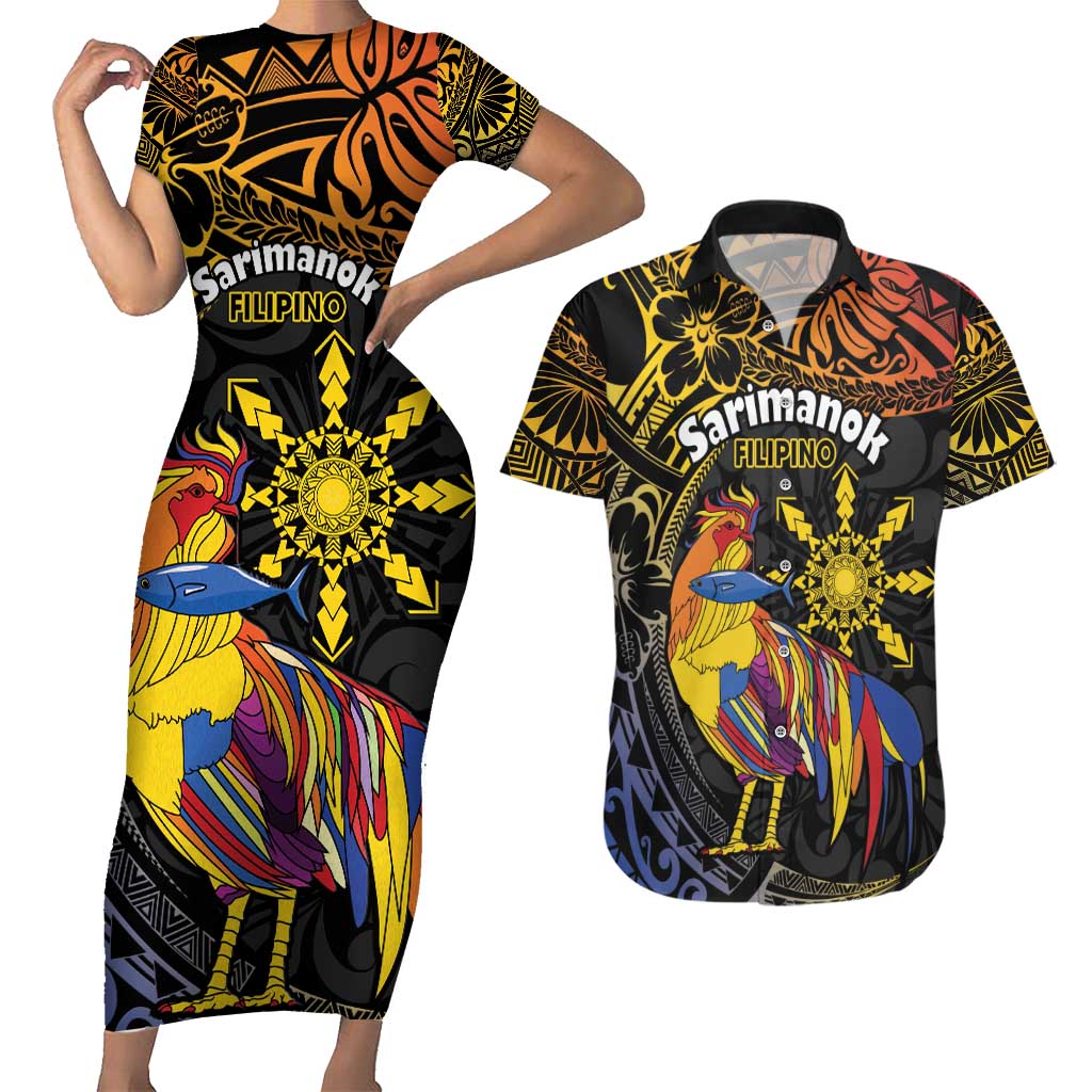 Philippines Sarimanok Couples Matching Short Sleeve Bodycon Dress and Hawaiian Shirt Papanok Legendary Bird Okir Polynesian Pattern