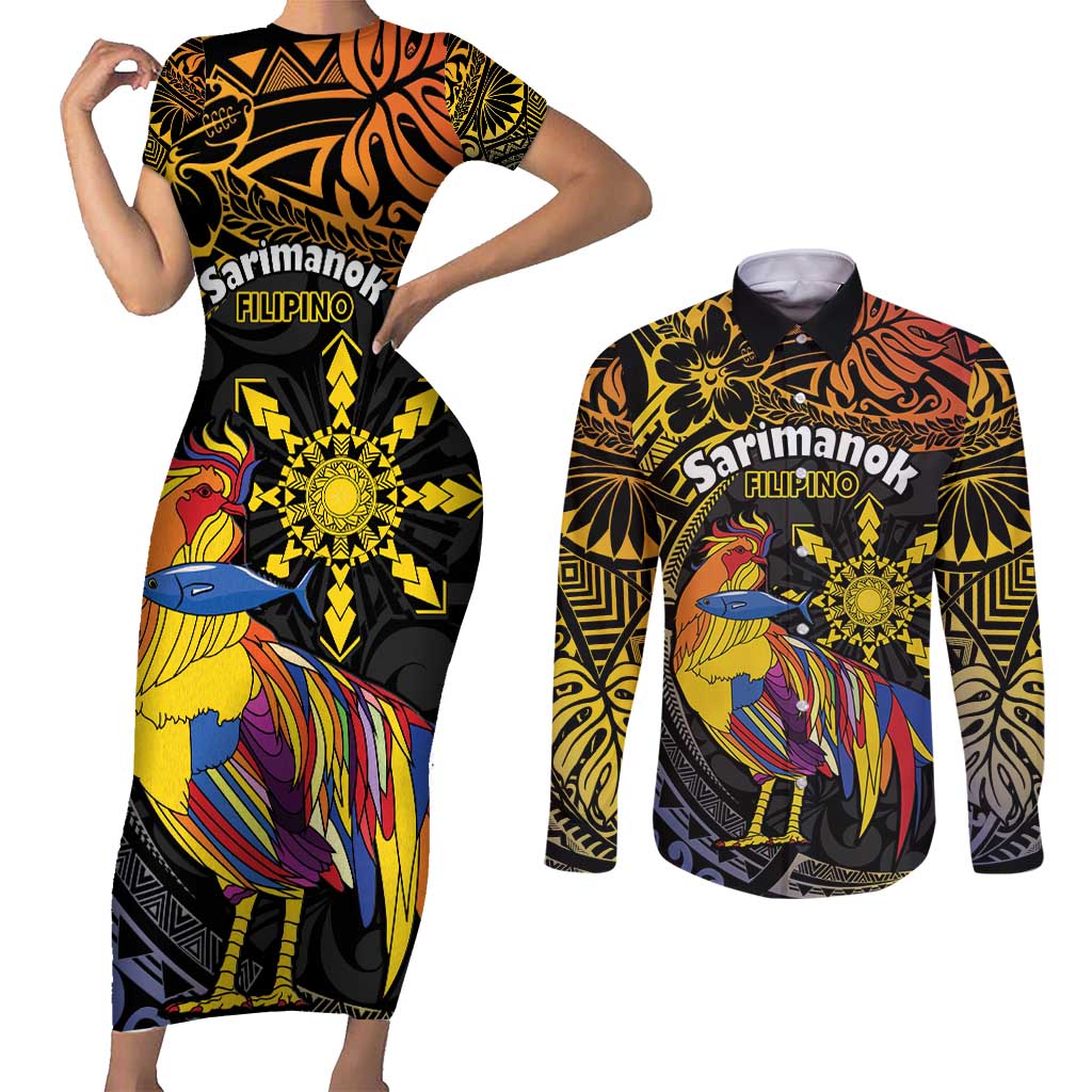 Philippines Sarimanok Couples Matching Short Sleeve Bodycon Dress and Long Sleeve Button Shirt Papanok Legendary Bird Okir Polynesian Pattern LT14 Black - Polynesian Pride